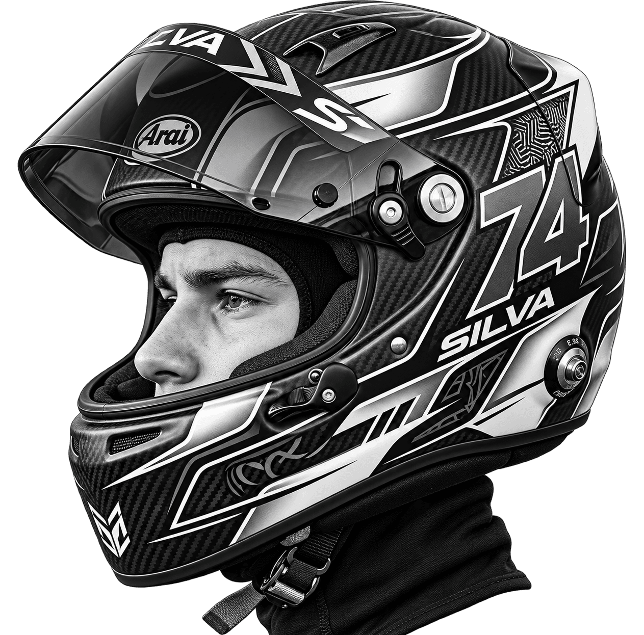 Piloto de kart de capacete, de perfil
